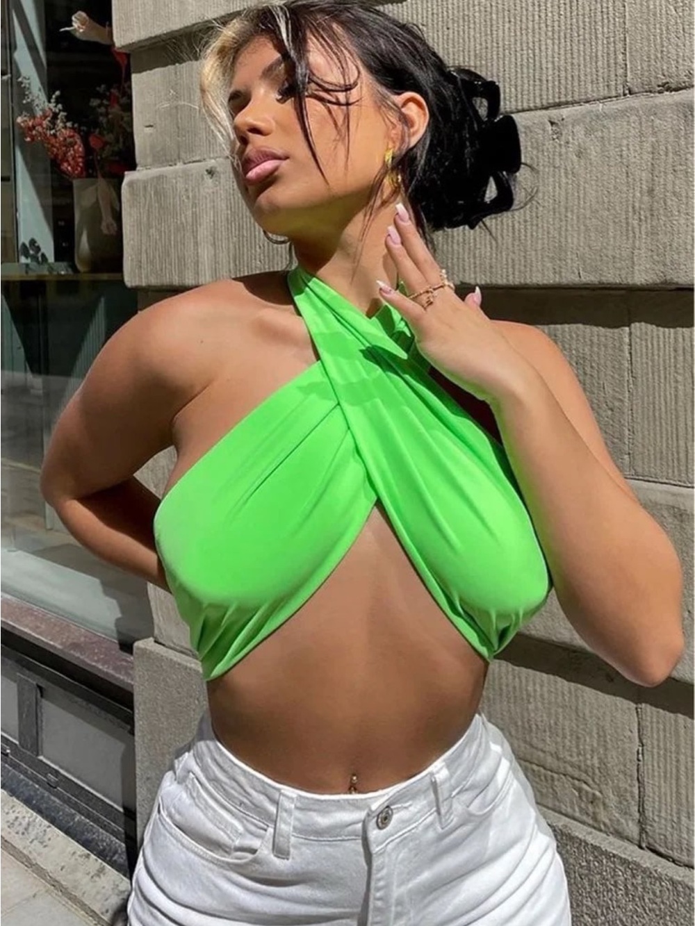 Fashion Nova Neon Green Twist Halter Crop Top